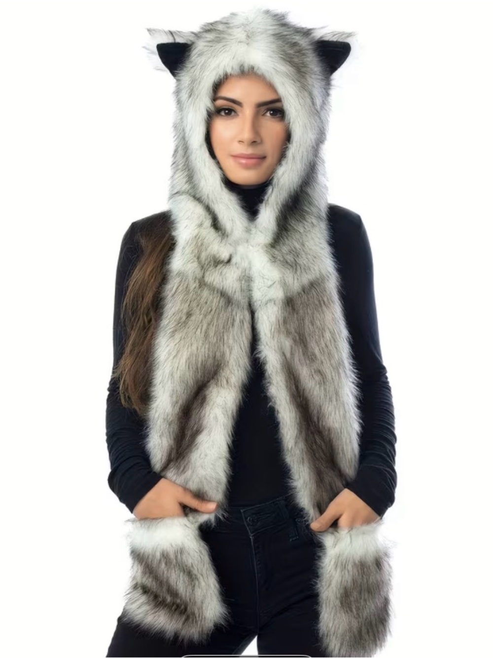 Faux Fur Wolf Hood Scarf with Ear Detail - Gray